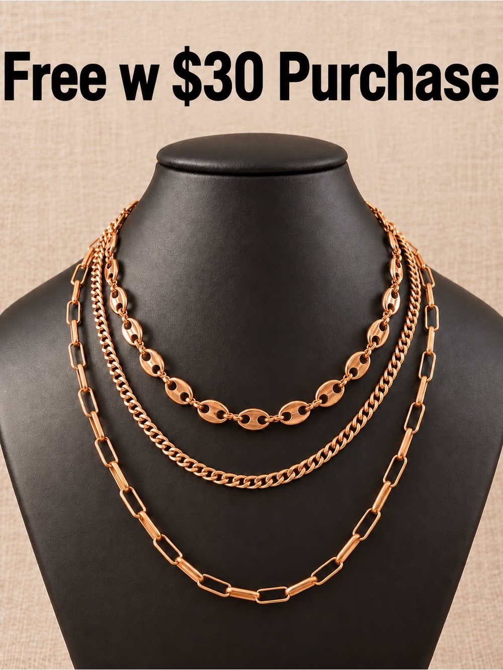 FREE w $30 Purchase Gold Tone Layered Paperclip Curb Coffee Bean Chain Necklace